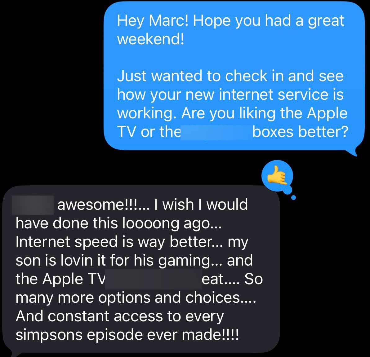 Real WaveSpark customer text message — thrilled with faster fiber internet after switching